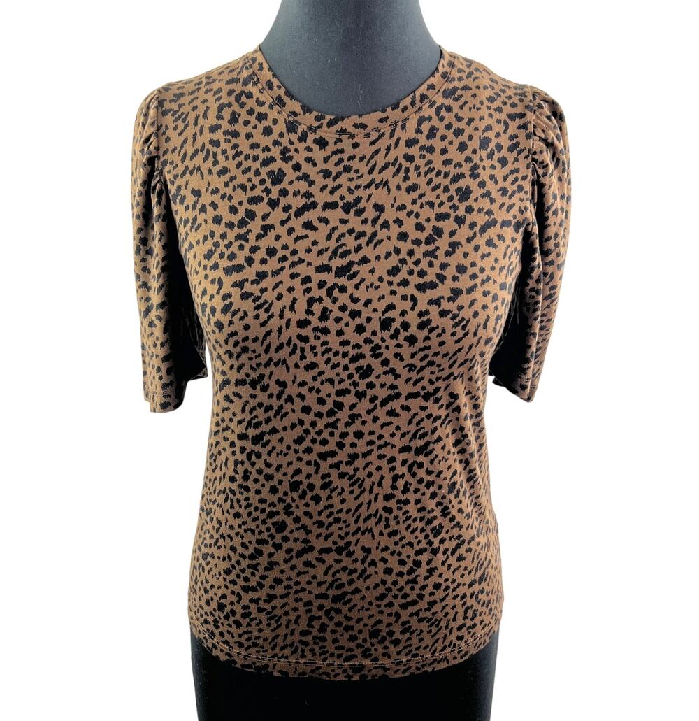 MONROW Leopard Print Top Brown Black Short Puff Sleeve Round Neckline Size S
